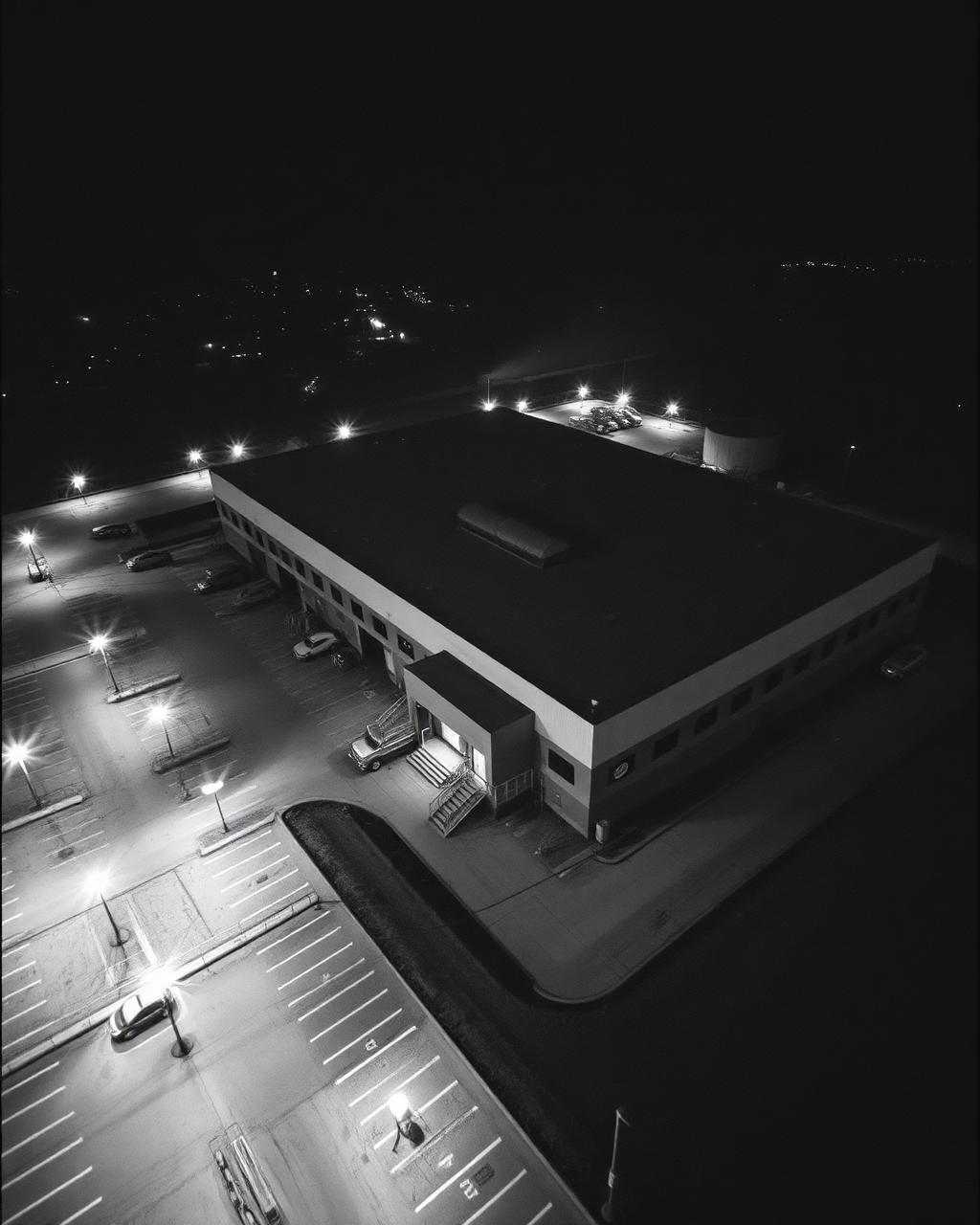 Aerial security view of an industrial facility at night